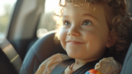 A young child with curly hair wearing a car seat looking out of a car window with a smile. - obrazy, fototapety, plakaty