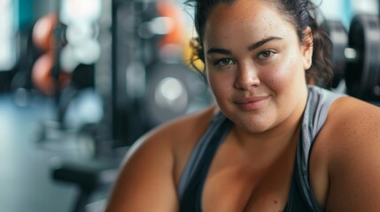 Fototapeta premium A woman with a radiant smile standing confidently in a gym her skin glowing with a healthy tan.