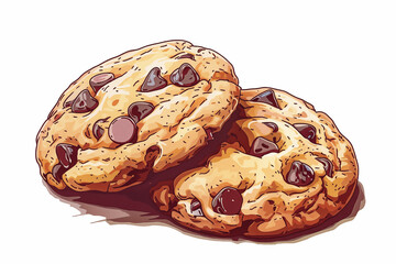 Two cookies with chocolate chips, sketch illustration in white background - 780525795
