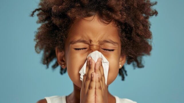 Young child with curly hair eyes closed holding a tissue to their nose possibly in a moment of distress or discomfort.