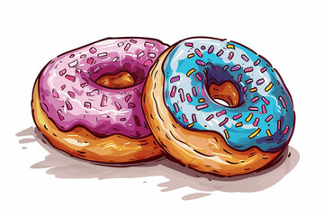 Two donuts with colorful glazing and sprinkles, sketch illustration in white background, no shadow - 780525991
