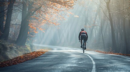 A lone cyclist pedaling down a misty autumn-colored forest road.