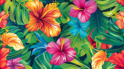 Hawaii Vibrant Aloha colorful pattern with foliage and bright vibrant sunset. enerative ai - obrazy, fototapety, plakaty