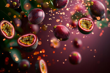 A close up of a bunch of red fruit, including a few pieces of pineapple. The fruit is falling from the sky, creating a sense of motion and energy. passion fruits flying in air