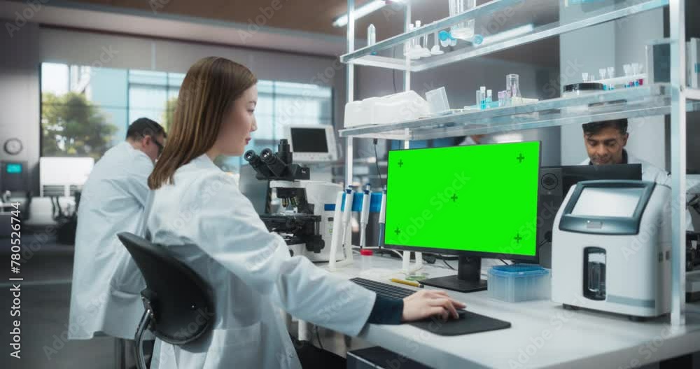Poster medical research and development laboratory: beautiful asian female scientist working on a computer 