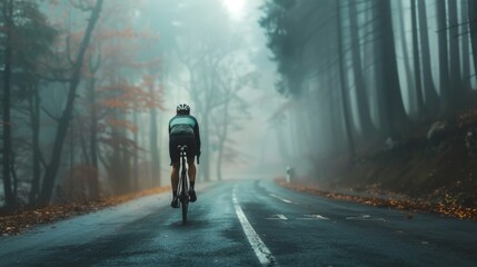 A solitary cyclist in a vibrant autumn forest riding on a misty road with the sun casting a warm glow through the trees.