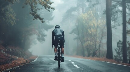 A cyclist riding down a foggy tree-lined road with autumn leaves on the ground.
