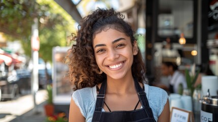 Smiling woman with curly hair wearing a blue top and an apron standing in front of a store with a warm and inviting atmosphere.