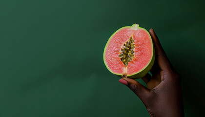A person is holding a piece of fruit with a green background. The fruit is a guava and it is cut in half. a black woman's hand holds a halved, f guava fruit against dark green background. healthy food