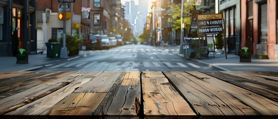 Urban Serenity: Empty Street with Wooden Foreground and Festive Touches. Concept Urban Photography, Empty Streets, Wooden Foreground, Festive Touches, Serene Atmosphere
