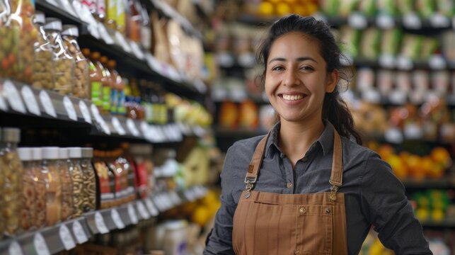 Smiling woman in brown apron standing in front of grocery store shelves stocked with various food items.