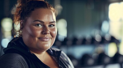 Fototapeta na wymiar Smiling woman with red hair wearing a black and gray jacket standing in a gym with weights in the background.