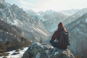 A man sits on a stone. Tourist admiring the mountains - 780527316