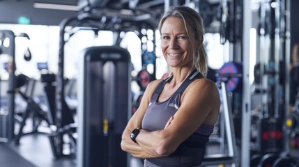 Fototapeta na wymiar A woman in a gym smiling wearing a sports bra and tank top standing in front of exercise equipment.
