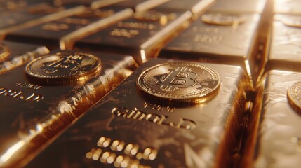 Bitcoin Coins on Lustrous Gold Bars, Depicting the Merge of Digital and Material Wealth - Concept of Cryptocurrency Stability and Gold Standard
