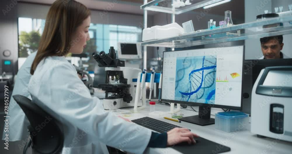 Poster asian female scientist working on a desktop computer, analyzing dna samples. specialist using a gene