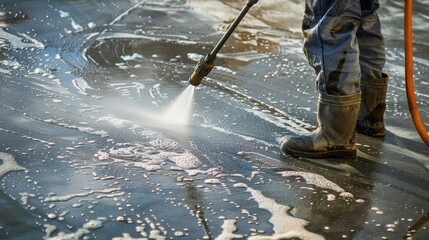 Man spraying a liquid on a wet floor with a high-pressure washer. - obrazy, fototapety, plakaty