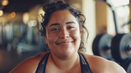 Fototapeta premium Smiling woman with curly hair freckles and sweat wearing a black tank top in a gym setting with weights in the background.