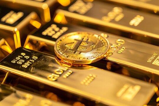Bitcoin Coin Resting on Stacked Gold Bars, Symbolizing the Convergence of Cryptocurrency and Traditional Investments - Concept of Financial Diversification and Digital Gold