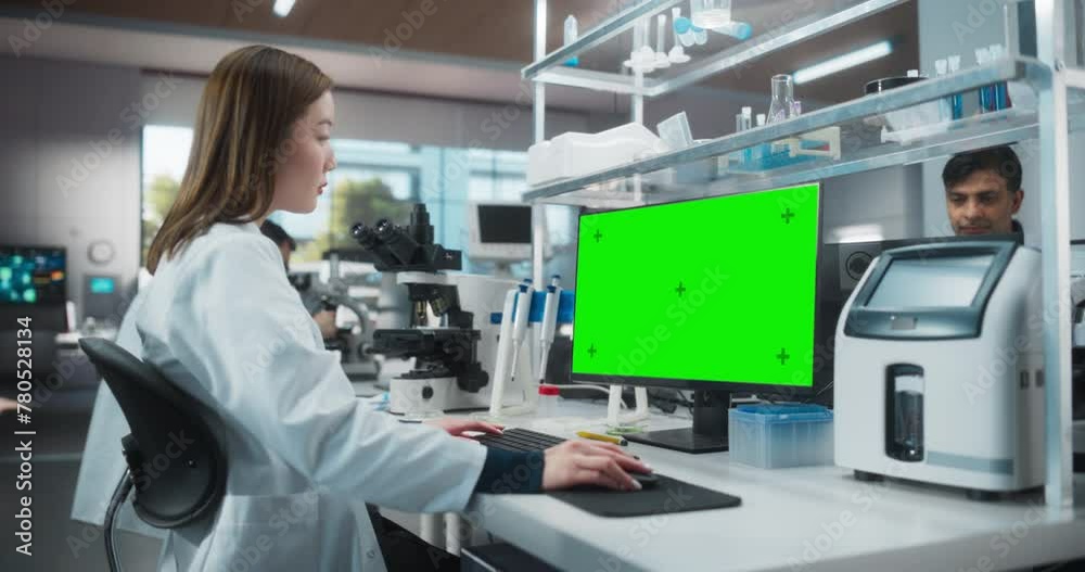 Poster medical research and development laboratory: beautiful asian female scientist working on a computer 