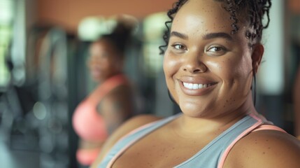 Smiling woman in gym wearing pink and grey sports bra with curly hair and freckles. - obrazy, fototapety, plakaty