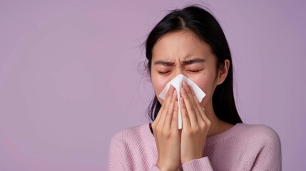 Young woman with closed eyes holding a white tissue to her nose appearing to be in the midst of a sneeze or sniffling with a soft pink sweater and a light purple background.