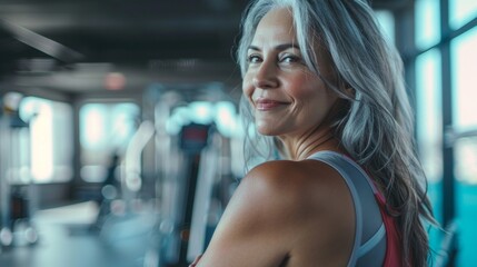 A woman with gray hair smiling wearing a sports bra and tank top standing in a gym with exercise equipment in the background. - obrazy, fototapety, plakaty