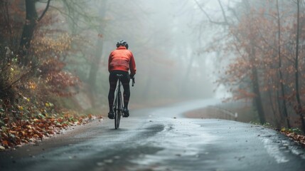 A cyclist in a red jacket riding a bicycle on a wet foggy road with autumn leaves on the side.