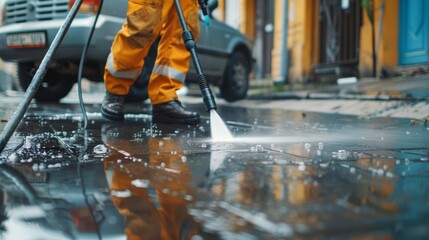 Man in orange uniform cleaning street with high-pressure washer splashing water on wet road.