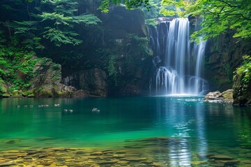 Fototapeta na wymiar Emerald Tranquility: Waterfall Oasis with Serene Waters