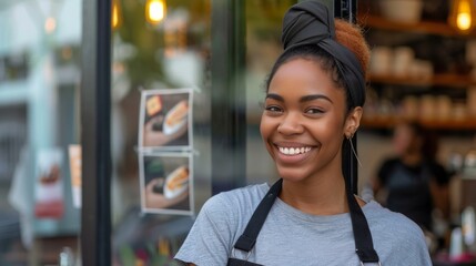 Smiling woman wearing apron and headband standing in front of a restaurant window with menu pictures.