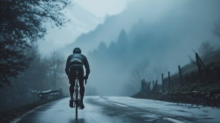 A solitary cyclist pedaling down a misty mountain road surrounded by fog and lush greenery. - obrazy, fototapety, plakaty