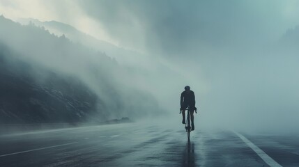 A lone cyclist pedaling through a foggy mountain pass with the road ahead obscured by mist and the surrounding landscape shrouded in mystery. - obrazy, fototapety, plakaty