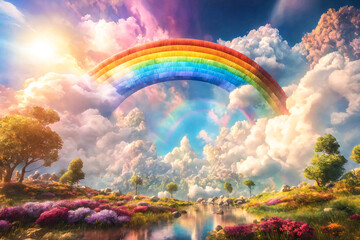 Wonderful painted picture of fairytale landscape with low cloudy valley and colorful rainbow.