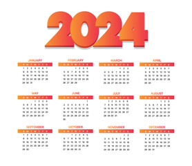 2024 Calendar Horizontal White Background Orange Gradient