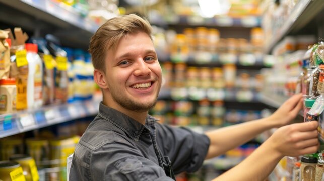 Young man with a beard and short hair smiling at the camera working in a grocery store aisle with various food items on shelves.