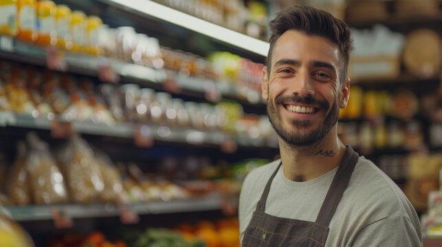 Smiling man in apron standing in front of a well-stocked grocery store shelf with various products.