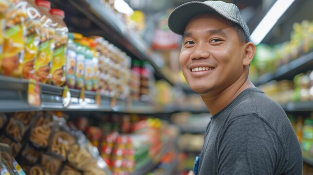 Man in a cap smiling in a supermarket aisle with various food items.