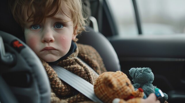 A young child with a sad expression sitting in a car seat holding two stuffed animals with a blurred background suggesting motion.