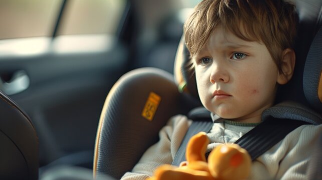 Young child with a concerned expression sitting in a car seat holding a toy with a blurred background suggesting motion or focus on the child.