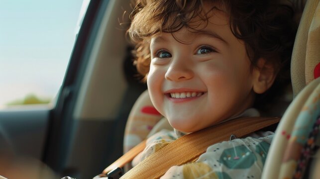 A joyful child with curly hair smiling brightly seated in a car seat looking out the window with a sense of wonder and adventure.