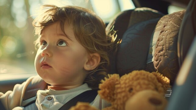 A young child with a curious expression sitting in a car seat looking out the window with a teddy bear beside them.