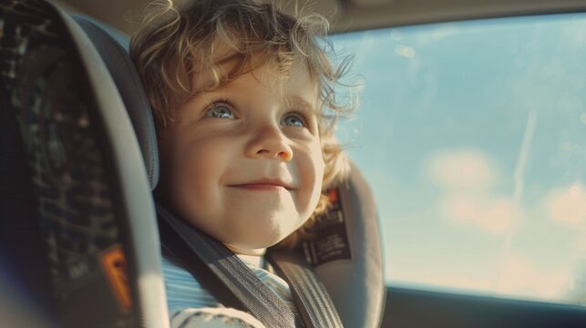 A young child with curly hair looking out of a car window with a smile wearing a seatbelt.