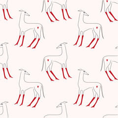 Seamless pattern of red boots cute whippet lovely greyhound silhouette on background. Vector Illustration of cute boho dog, adorable pet with flower. Groovy doodle cartoon abstract art - 780529524