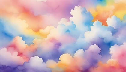 Colorful watercolor background of abstract sunset sky with puffy clouds in bright rainbow colors of pink blue yellow orange and purple