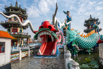 Avalokitesvara riding a dragon statue at Lotus Pond in Kaohsiung, Taiwan.