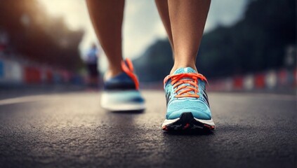 Sports background. Runner feet running on road closeup on shoe. Start line
