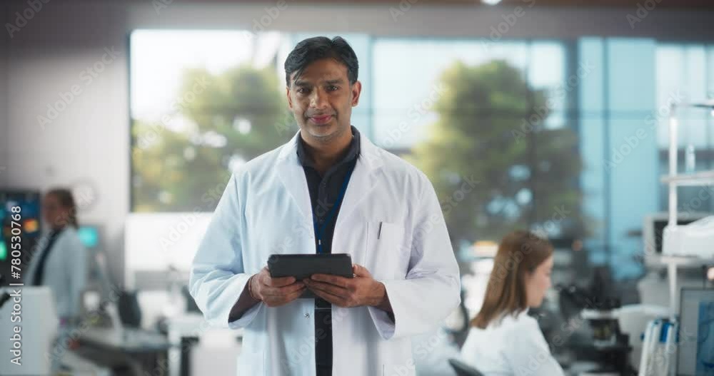 Aufkleber Portrait of an Indian Adult Male Scientist Using Tablet Computer, Looking at Camera and Smiling in a Laboratory. Professional Researcher Working as Bioengineer, Monitoring Technology Projects