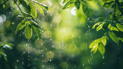 Raindrops on Green Leaves. Rain on forest - 780530907