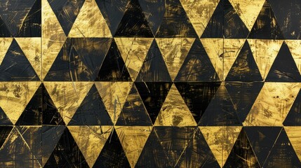 Immerse yourself in the lap of luxury with an abstract design featuring black and gold triangles creating a background, adorned with subtle shadows. - obrazy, fototapety, plakaty